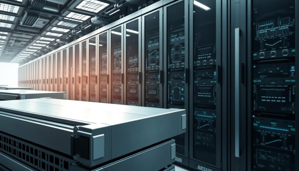 A bustling data center filled with rows of sleek, high-performance storage servers. The foreground showcases the latest SSD technology, its shiny metallic casing glinting under the crisp, directional lighting. In the middle ground, intricate circuit boards and cooling systems illustrate the technical complexity required to deliver massive storage capacities. The background fades into a hazy, futuristic landscape, hinting at the ever-evolving demands for data storage in our digital world. The overall scene conveys a sense of power, efficiency, and the relentless pursuit of technological progress in the realm of data management. A bustling data center filled with rows of sleek, high-performance storage servers. The foreground showcases the latest SSD technology, its shiny metallic casing glinting under the crisp, directional lighting. In the middle ground, intricate circuit boards and cooling systems illustrate the technical complexity required to deliver massive storage capacities. The background fades into a hazy, futuristic landscape, hinting at the ever-evolving demands for data storage in our digital world. The overall scene conveys a sense of power, efficiency, and the relentless pursuit of technological progress in the realm of data management.