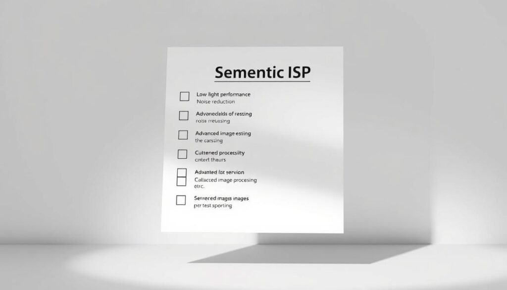 A detailed checklist floating against a clean, minimalist background. The checklist items are presented as simple icons and text in a neat, organized layout. The icons are crisp, monochromatic graphics that convey the key features of a "Semantic ISP" - low-light performance, noise reduction, advanced image processing, etc. The overall mood is focused, informative, and visually appealing, drawing the viewer's attention to the essential capabilities of this technology. Subtle lighting from above casts soft shadows, giving depth and dimensionality to the composition. The frame is tight, emphasizing the checklist as the central element. A detailed checklist floating against a clean, minimalist background. The checklist items are presented as simple icons and text in a neat, organized layout. The icons are crisp, monochromatic graphics that convey the key features of a "Semantic ISP" - low-light performance, noise reduction, advanced image processing, etc. The overall mood is focused, informative, and visually appealing, drawing the viewer's attention to the essential capabilities of this technology. Subtle lighting from above casts soft shadows, giving depth and dimensionality to the composition. The frame is tight, emphasizing the checklist as the central element.