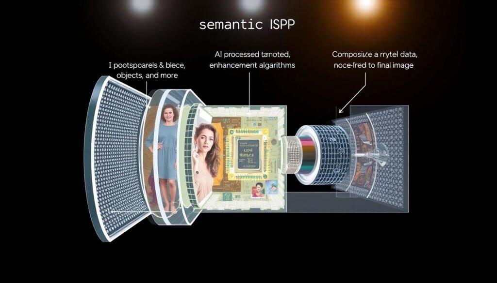 A detailed, cross-sectional diagram depicting the inner workings of a camera's "semantic ISP" (image signal processor) powered by on-device AI. In the foreground, a sensor array captures the scene, its pixels segmented into semantic regions - people, objects, textures, and more. In the middle ground, the AI processor analyzes this semantic data, applying targeted denoise and enhancement algorithms to optimize image quality. In the background, the refined pixel data is composited into a clean, noise-free final image. Bright, even lighting illuminates the technical components, conveying a sense of precision and innovation. The overall mood is one of cutting-edge computational photography, showcasing the power of AI-driven computational imaging. A detailed, cross-sectional diagram depicting the inner workings of a camera's "semantic ISP" (image signal processor) powered by on-device AI. In the foreground, a sensor array captures the scene, its pixels segmented into semantic regions - people, objects, textures, and more. In the middle ground, the AI processor analyzes this semantic data, applying targeted denoise and enhancement algorithms to optimize image quality. In the background, the refined pixel data is composited into a clean, noise-free final image. Bright, even lighting illuminates the technical components, conveying a sense of precision and innovation. The overall mood is one of cutting-edge computational photography, showcasing the power of AI-driven computational imaging.
