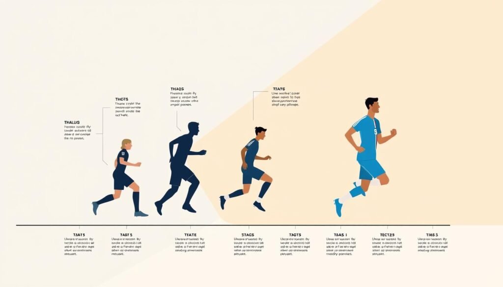 A detailed diagram depicting the developmental path of a football player, showcasing the various stages and milestones they encounter on their journey to becoming a professional. The image features a clean, minimalist aesthetic with a focus on simple geometric shapes and clean lines, creating a visually striking and informative illustration. The scene is illuminated by a warm, natural light, casting subtle shadows that add depth and dimension to the design. The overall tone is one of progression and growth, reflecting the subject matter and the article's theme of how smaller Norwegian teams can maximize the value of their players. A detailed diagram depicting the developmental path of a football player, showcasing the various stages and milestones they encounter on their journey to becoming a professional. The image features a clean, minimalist aesthetic with a focus on simple geometric shapes and clean lines, creating a visually striking and informative illustration. The scene is illuminated by a warm, natural light, casting subtle shadows that add depth and dimension to the design. The overall tone is one of progression and growth, reflecting the subject matter and the article's theme of how smaller Norwegian teams can maximize the value of their players.