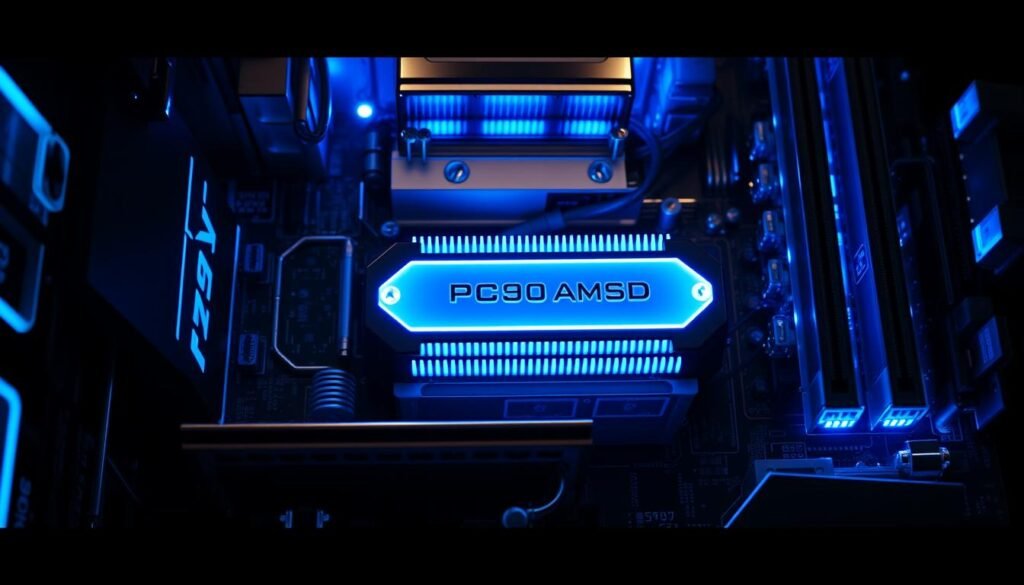 A detailed, technically accurate interface showcasing the internal components and connections of a high-performance Z890/AM5+ motherboard, illuminated by cool blue ambient lighting. The main focus is the robust, advanced PCIe 6.0 SSD connector, its heat dissipation systems, and the overall visual cues of readiness and compatibility. The scene conveys a sense of technological advancement, power, and seamless integration, setting the stage for the next generation of lightning-fast storage solutions. A detailed, technically accurate interface showcasing the internal components and connections of a high-performance Z890/AM5+ motherboard, illuminated by cool blue ambient lighting. The main focus is the robust, advanced PCIe 6.0 SSD connector, its heat dissipation systems, and the overall visual cues of readiness and compatibility. The scene conveys a sense of technological advancement, power, and seamless integration, setting the stage for the next generation of lightning-fast storage solutions.
