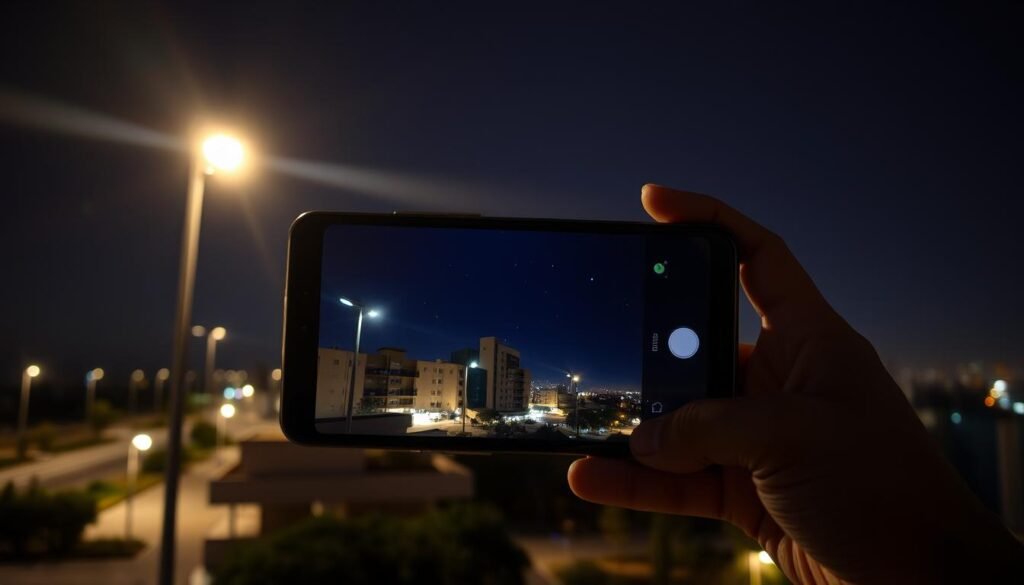 A dimly lit night scene showcasing the impact of "semantic ISP" technology on photography. In the foreground, a person holds a modern smartphone, its camera lens capturing the low-light environment with exceptional clarity and detail. The middle ground features a tranquil urban landscape, buildings and streetlights rendered with realistic depth, accurate colors, and minimal noise. The background reveals a starry night sky, the celestial bodies appearing sharp and vibrant, unobscured by digital artifacts. The scene conveys a sense of enhanced visual experience, where the smartphone's computational photography capabilities have revolutionized low-light imaging, providing the user with a more stable, focused, and visually compelling "pengalaman". A dimly lit night scene showcasing the impact of "semantic ISP" technology on photography. In the foreground, a person holds a modern smartphone, its camera lens capturing the low-light environment with exceptional clarity and detail. The middle ground features a tranquil urban landscape, buildings and streetlights rendered with realistic depth, accurate colors, and minimal noise. The background reveals a starry night sky, the celestial bodies appearing sharp and vibrant, unobscured by digital artifacts. The scene conveys a sense of enhanced visual experience, where the smartphone's computational photography capabilities have revolutionized low-light imaging, providing the user with a more stable, focused, and visually compelling "pengalaman".