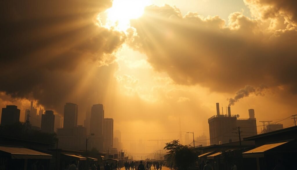 A dramatic, photorealistic scene of an oppressive heatwave enveloping a city. In the foreground, towering storm clouds loom, casting deep shadows over the urban landscape. Sunlight filters through the murky atmosphere, bathing everything in an eerie, amber glow. Skyscrapers and factories belch thick plumes of acrid smoke, further obscuring the skyline. In the middle ground, people struggle to move through the sweltering heat, seeking respite under awnings and trees. Faint wisps of heat haze distort the scene. In the background, a pale, lifeless horizon signifies the devastating impacts of climate change. The overall mood is one of unease, foreboding and environmental degradation.