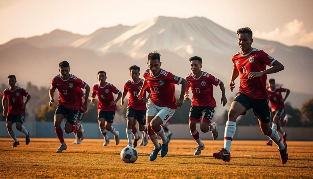A dynamic, high-energy football scene featuring the Indonesian national team, "Timnas Indonesia", in action. The players are captured mid-play, their jerseys emblazoned with the distinctive Indonesian red and white colors. The pitch is bathed in warm, golden light, creating a sense of intensity and drama. In the background, a majestic, snow-capped mountain range rises up, hinting at the diverse landscapes of Indonesia. The camera angle is slightly elevated, giving a panoramic view of the players maneuvering the ball downfield, their expressions focused and determined. The overall impression is one of national pride, athletic prowess, and the inspiring natural beauty of the country. A dynamic, high-energy football scene featuring the Indonesian national team, "Timnas Indonesia", in action. The players are captured mid-play, their jerseys emblazoned with the distinctive Indonesian red and white colors. The pitch is bathed in warm, golden light, creating a sense of intensity and drama. In the background, a majestic, snow-capped mountain range rises up, hinting at the diverse landscapes of Indonesia. The camera angle is slightly elevated, giving a panoramic view of the players maneuvering the ball downfield, their expressions focused and determined. The overall impression is one of national pride, athletic prowess, and the inspiring natural beauty of the country.