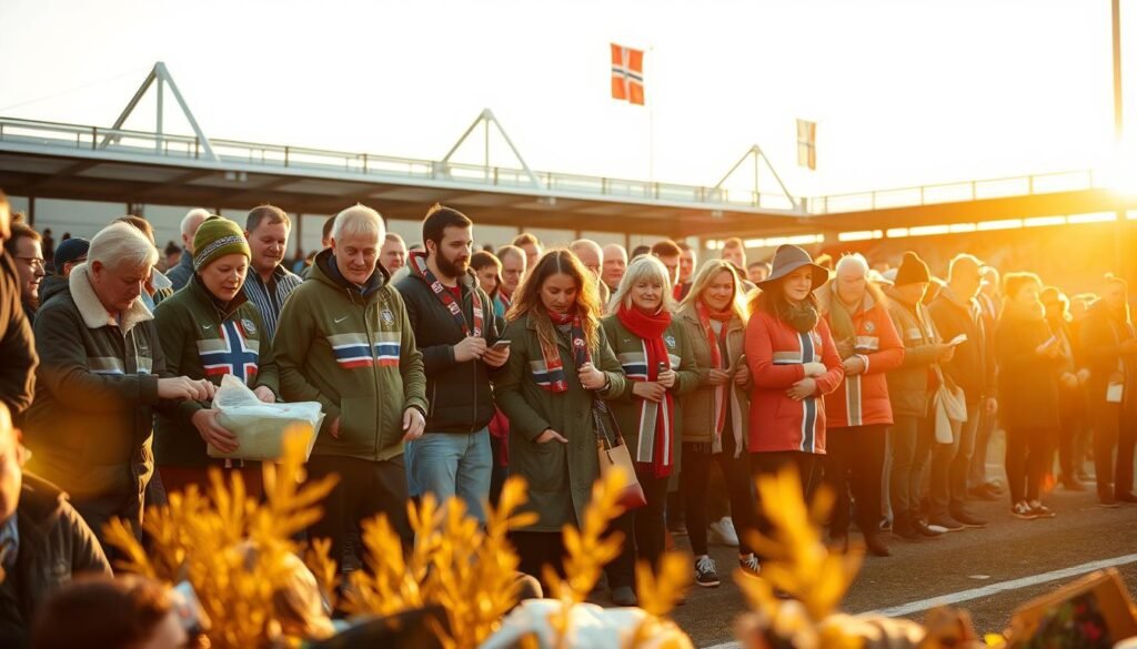 A group of dedicated Norwegian volunteers gather, their faces filled with determination, working in unison to support their beloved local sports team. The scene is bathed in a warm, golden light, capturing the camaraderie and community spirit that embodies the "dugnad" tradition. In the foreground, individuals of all ages collaborate on various tasks, from preparing equipment to decorating the stadium. The middle ground showcases the volunteers' teamwork, as they move in synchrony, their gestures and expressions conveying a sense of shared purpose. In the background, the stadium's architecture provides a sturdy, yet elegant backdrop, symbolizing the enduring nature of this cherished cultural practice. A group of dedicated Norwegian volunteers gather, their faces filled with determination, working in unison to support their beloved local sports team. The scene is bathed in a warm, golden light, capturing the camaraderie and community spirit that embodies the "dugnad" tradition. In the foreground, individuals of all ages collaborate on various tasks, from preparing equipment to decorating the stadium. The middle ground showcases the volunteers' teamwork, as they move in synchrony, their gestures and expressions conveying a sense of shared purpose. In the background, the stadium's architecture provides a sturdy, yet elegant backdrop, symbolizing the enduring nature of this cherished cultural practice.