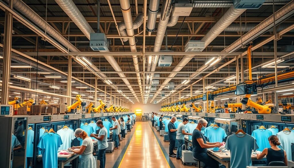 A modern factory floor showcasing the intricate supply chain behind the production of cooling t-shirts. Rows of workers diligently assemble the garments, aided by advanced machinery and robotic arms. The space is bathed in a warm, ambient light, creating an atmosphere of efficiency and technological innovation. Overhead, a network of conveyor belts and pipes transports materials and finished products, connecting the various stages of the manufacturing process. The scene reflects the seamless integration of science, engineering, and industrial design to bring this innovative cooling apparel to the market.