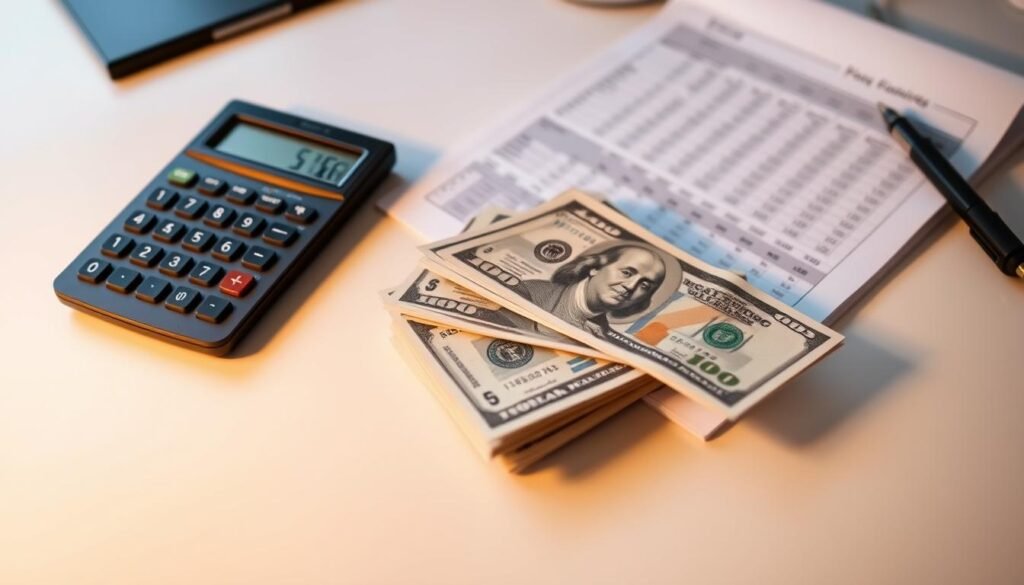 A neatly organized desk featuring a calculator, stack of bills, and a meticulously filled-out financial spreadsheet. The lighting is soft and warm, creating a focused, business-like atmosphere. The angle is slightly elevated, giving a sense of control and precision over the financial data. The desktop surface is clean and uncluttered, allowing the calculations and cash to take center stage. The overall composition conveys a sense of careful planning, attention to detail, and a methodical approach to managing daily finances and reaching financial goals. A neatly organized desk featuring a calculator, stack of bills, and a meticulously filled-out financial spreadsheet. The lighting is soft and warm, creating a focused, business-like atmosphere. The angle is slightly elevated, giving a sense of control and precision over the financial data. The desktop surface is clean and uncluttered, allowing the calculations and cash to take center stage. The overall composition conveys a sense of careful planning, attention to detail, and a methodical approach to managing daily finances and reaching financial goals.