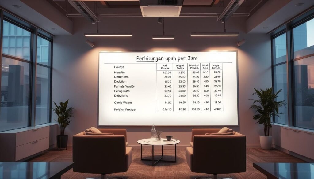 A professional, clean-cut office interior with sleek, modern furniture and a large, illuminated whiteboard displaying a detailed breakdown of "perhitungan upah per jam" - hourly wage calculations, pay rates, deductions, and other financial information. Soft, diffused lighting from overhead fixtures and large windows casts a warm, productive glow on the scene. Minimalist decor and a sense of order and organization convey a tone of efficiency and precision. The overall impression is one of a thoughtful, analytical approach to employee compensation. A professional, clean-cut office interior with sleek, modern furniture and a large, illuminated whiteboard displaying a detailed breakdown of "perhitungan upah per jam" - hourly wage calculations, pay rates, deductions, and other financial information. Soft, diffused lighting from overhead fixtures and large windows casts a warm, productive glow on the scene. Minimalist decor and a sense of order and organization convey a tone of efficiency and precision. The overall impression is one of a thoughtful, analytical approach to employee compensation.