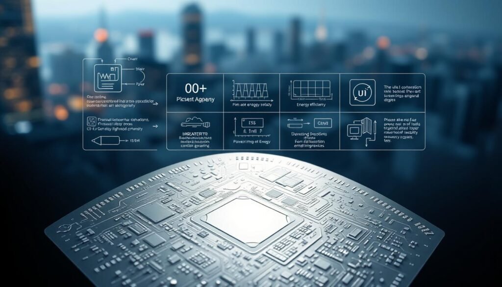 A sleek and modern silicon wafer in the foreground, showcasing the intricate layout of a state-of-the-art chipset. The surface is illuminated by a soft, directional light, highlighting the etched circuitry and microtransistors. In the middle ground, a series of technical schematics and diagrams illustrate the performance characteristics and capabilities of the chipset, including its processing power, energy efficiency, and advanced imaging features. The background features a blurred, futuristic cityscape, hinting at the chipset's role in powering the next generation of smart devices and computational photography. The overall composition conveys a sense of technological sophistication, innovation, and the cutting edge of silicon engineering.
