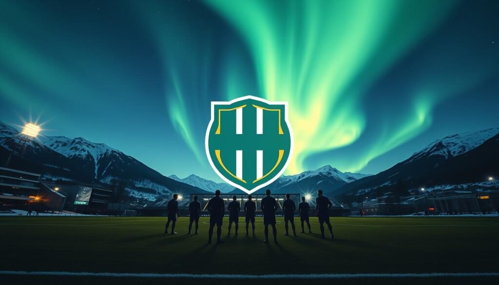 A small town nestled in the rugged Norwegian landscape, Bodø/Glimt's football club stands as a beacon of triumph against the odds. The stadium, a modernist marvel, casts a warm glow under the ethereal northern lights, illuminating the passion of its devoted fans. In the foreground, the club's crest - a bold, minimalist design - proudly adorns the pitch, symbolizing the team's unwavering identity and the community's unwavering support. The middle ground features the players, their silhouettes dynamic and resolute, embodying the spirit of a club that has shattered expectations and carved its own path to success. The backdrop showcases the snow-capped mountains and the serene fjords, a testament to the rugged resilience that defines this unique corner of the world, where a small-town team has risen to the global stage. A small town nestled in the rugged Norwegian landscape, Bodø/Glimt's football club stands as a beacon of triumph against the odds. The stadium, a modernist marvel, casts a warm glow under the ethereal northern lights, illuminating the passion of its devoted fans. In the foreground, the club's crest - a bold, minimalist design - proudly adorns the pitch, symbolizing the team's unwavering identity and the community's unwavering support. The middle ground features the players, their silhouettes dynamic and resolute, embodying the spirit of a club that has shattered expectations and carved its own path to success. The backdrop showcases the snow-capped mountains and the serene fjords, a testament to the rugged resilience that defines this unique corner of the world, where a small-town team has risen to the global stage.
