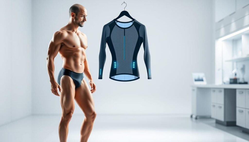 A vibrant and dynamic athletic figure, muscles toned and limbs in motion, stands in the foreground, embodying the essence of health and performance. The figure is surrounded by a clean, minimalist backdrop, with a soft, diffused lighting that accentuates the contours of the body. In the middle ground, a futuristic-looking sports garment, equipped with discreet cooling technology, hangs in an ethereal, almost ethereal manner, hinting at the technological advancements that enable the optimization of athletic performance. The background features a laboratory-like setting, with clean lines, sleek surfaces, and a sense of scientific inquiry, suggesting the origin and development of these cutting-edge solutions. The overall composition conveys a harmonious balance between the human form, the technological innovation, and the scientific exploration, capturing the synergy between the laboratory and the field.