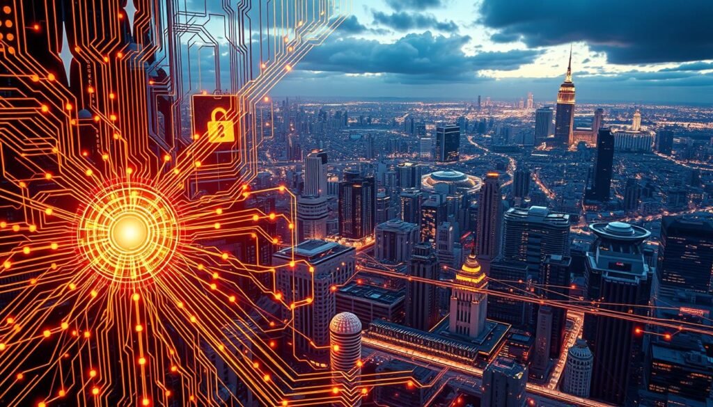 Intricate network of quantum circuits, schematics, and abstract geometric patterns. Cascading streams of data representing cryptographic algorithms and protocols. Luminous lattice of entangled qubits, pulsing with the power of quantum computation. Futuristic cityscape in the background, glowing with the promise of secure cloud-based communications. Warm lighting illuminates the scene, casting an aura of innovation and technological progress. Precise, technical details convey the rigorous engineering behind post-quantum cryptography, ready for real-world corporate deployment.