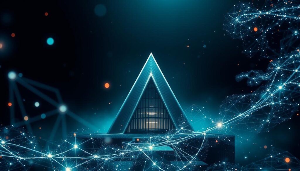 Quantum kuantum: a surreal, abstract vision of the elusive realm of quantum encryption. In the foreground, shimmering geometric shapes and energy fields intertwine, hinting at the complex, otherworldly nature of quantum phenomena. The middle ground features a sleek, futuristic architectural structure, representing the corporate applications of quantum technology. The background is a deep, enigmatic void, evoking the mysteries and unknowns of the quantum world. Dramatic lighting casts dramatic shadows, creating a sense of depth and drama. Rendered with a photorealistic style, the image conveys the cutting-edge, transformative potential of quantum cryptography for the corporate sector.