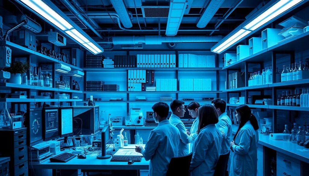 a high-tech laboratory interior with state-of-the-art scientific equipment and instruments, including computers, monitors, and scientific apparatus. The scene is bathed in cool, blue-tinted lighting, creating a modern, clinical atmosphere. In the foreground, a group of researchers in lab coats are gathered around a table, intently examining data or discussing the latest scientific breakthrough. The background features shelves filled with scientific journals, beakers, and other tools of the trade. The overall impression is one of a dynamic, cutting-edge research environment where new discoveries are being made.