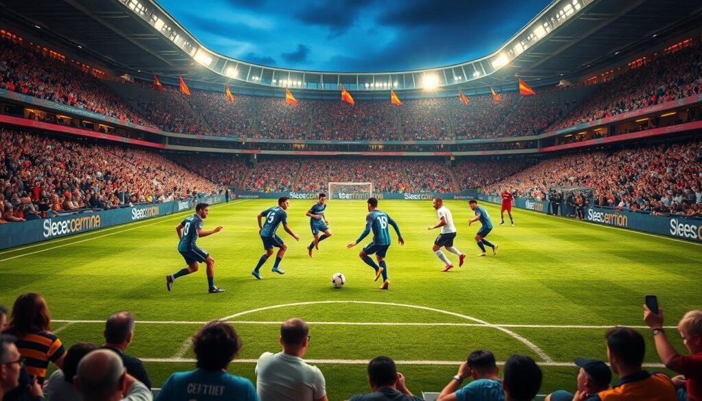 A bustling soccer stadium with a vibrant atmosphere, the crowd cheering on the players as they take the field. The pitch is lush and well-manicured, bathed in the warm glow of stadium lighting. In the center, a group of second-string strikers dribble and pass the ball with precision, showcasing their skills and determination to seize the spotlight from the veteran midfielders. The energy of the game is palpable, with tension building as the players vie for control of the match. Captured from a dynamic angle, the image conveys the dynamism and unpredictability of the sport, where the unexpected can happen at any moment. A bustling soccer stadium with a vibrant atmosphere, the crowd cheering on the players as they take the field. The pitch is lush and well-manicured, bathed in the warm glow of stadium lighting. In the center, a group of second-string strikers dribble and pass the ball with precision, showcasing their skills and determination to seize the spotlight from the veteran midfielders. The energy of the game is palpable, with tension building as the players vie for control of the match. Captured from a dynamic angle, the image conveys the dynamism and unpredictability of the sport, where the unexpected can happen at any moment.
