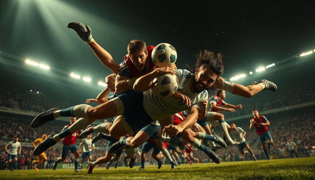 A chaotic scene of an intense football match, with players in mid-air, diving and colliding as they fiercely compete for the ball. Dramatic lighting casts long shadows, creating a sense of tension and urgency. The players' expressions are intense, their muscles taut as they strain every sinew. The camera angle is low, capturing the action from a dramatic, ground-level perspective that heightens the drama. The background is blurred, keeping the focus on the players' desperate struggle for possession. An aura of electricity and dynamism permeates the image, conveying the high stakes and pressure of the decisive moment. A chaotic scene of an intense football match, with players in mid-air, diving and colliding as they fiercely compete for the ball. Dramatic lighting casts long shadows, creating a sense of tension and urgency. The players' expressions are intense, their muscles taut as they strain every sinew. The camera angle is low, capturing the action from a dramatic, ground-level perspective that heightens the drama. The background is blurred, keeping the focus on the players' desperate struggle for possession. An aura of electricity and dynamism permeates the image, conveying the high stakes and pressure of the decisive moment.