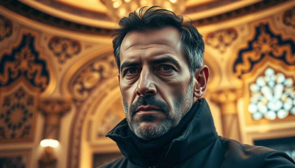 A close-up portrait of Nicolas Jover, the renowned football tactician, set against the backdrop of an opulent Arabian palace. Jover's determined expression conveys his tactical acumen, his gaze fixed with unwavering focus. Intricate arabesques and ornate architectural details in the background suggest the grandeur of his new role with a prominent Saudi club. Warm, golden lighting casts dramatic shadows, heightening the sense of gravitas surrounding Jover's prestigious appointment. The overall mood is one of strategic importance, reflecting the significant impact his recruitment could have on the future of set-piece coaching in the region.