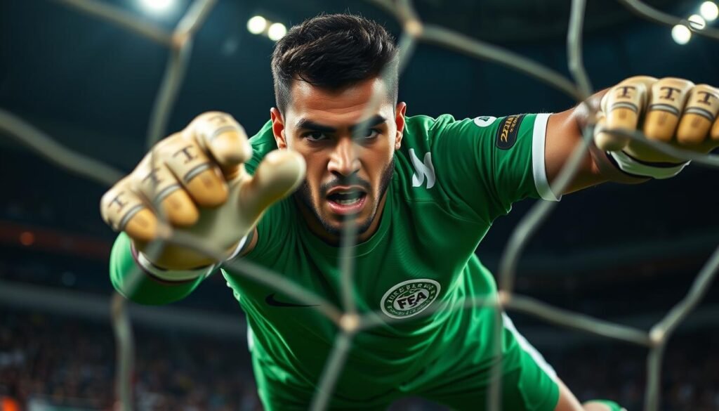 A close-up portrait of a goalkeeper named Ernando Ari Sutaryadi, dressed in a green and white uniform, with a determined expression on his face as he dives to make a save. The lighting is dramatic, with strong shadows and highlights that accentuate the player's muscular physique and intense focus. The background is blurred, placing the emphasis on the goalkeeper's actions and the intensity of the moment. The camera angle is low, giving a sense of the player's power and the importance of his role in the game. A close-up portrait of a goalkeeper named Ernando Ari Sutaryadi, dressed in a green and white uniform, with a determined expression on his face as he dives to make a save. The lighting is dramatic, with strong shadows and highlights that accentuate the player's muscular physique and intense focus. The background is blurred, placing the emphasis on the goalkeeper's actions and the intensity of the moment. The camera angle is low, giving a sense of the player's power and the importance of his role in the game.
