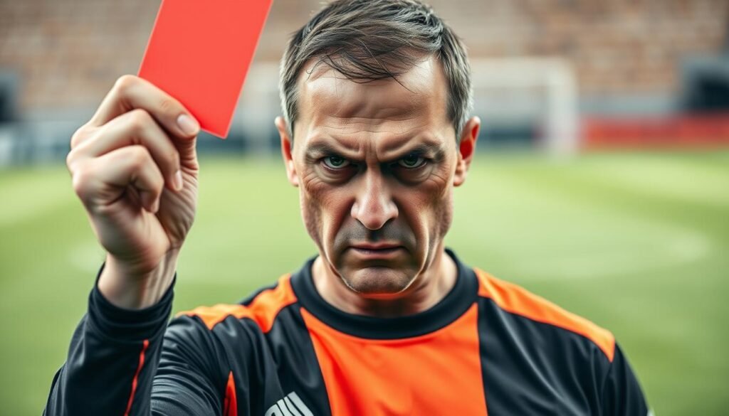 A close-up portrait of an angry, stern-faced soccer referee in an official AFC (Asian Football Confederation) uniform, standing on a soccer pitch with a red card raised in their hand. The referee's face is flushed with intensity, their brow furrowed, and their lips pressed tightly together, conveying a sense of outrage and decisive action. The background is slightly blurred, but the soccer field's markings and green grass can be seen, creating a sense of the referee's authoritative presence on the pitch. The lighting is dramatic, with shadows and highlights accentuating the referee's facial features and the red card, evoking a tense and charged atmosphere.