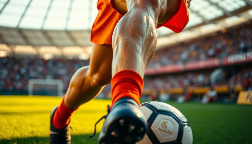 A close-up view of a soccer player's lower body, capturing the powerful muscles and tendons of their legs in action. The player is dressed in a vibrant, form-fitting uniform, their cleats gripping the field as they make a quick, agile movement. The lighting is warm and natural, casting dynamic shadows that accentuate the contours of the muscles. The background is blurred, with just a glimpse of the green pitch and the cheering crowd in the distance, keeping the focus squarely on the player's athletic prowess. The image conveys the explosive energy and refined fitness required for top-level soccer performance. A close-up view of a soccer player's lower body, capturing the powerful muscles and tendons of their legs in action. The player is dressed in a vibrant, form-fitting uniform, their cleats gripping the field as they make a quick, agile movement. The lighting is warm and natural, casting dynamic shadows that accentuate the contours of the muscles. The background is blurred, with just a glimpse of the green pitch and the cheering crowd in the distance, keeping the focus squarely on the player's athletic prowess. The image conveys the explosive energy and refined fitness required for top-level soccer performance.