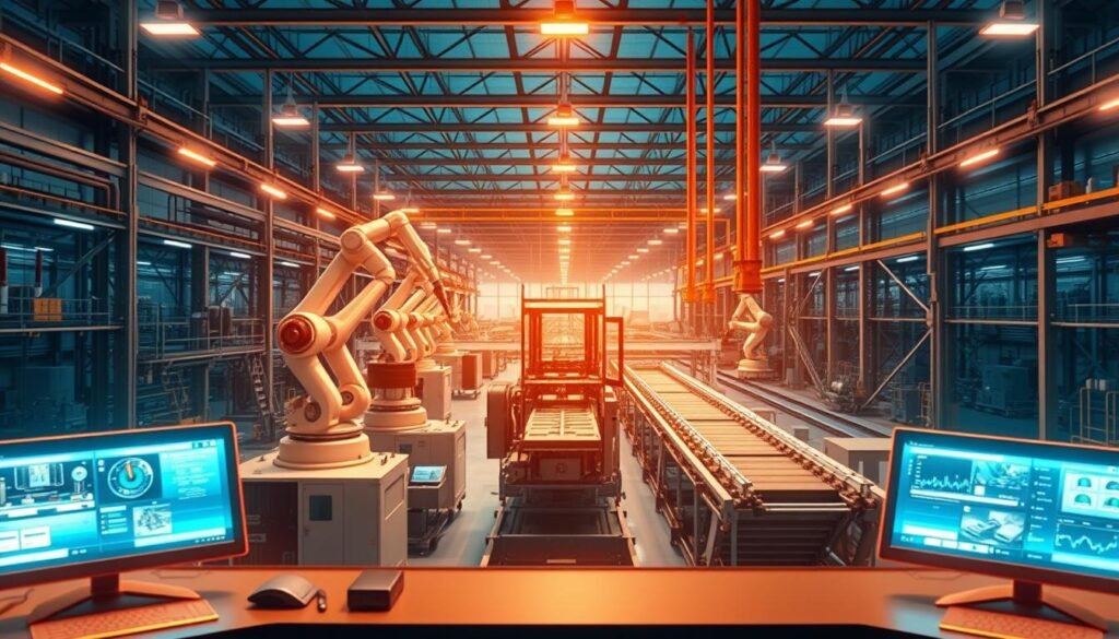 A cutting-edge digital twin of a smart manufacturing plant, bathed in a warm, futuristic glow. In the foreground, an AI-powered control station oversees the seamless integration of robotic arms, autonomous vehicles, and IoT sensors, all working in perfect harmony. The middle ground showcases a state-of-the-art production line, where gleaming machinery and advanced analytics converge to optimize efficiency and quality. In the background, a panoramic view of the factory floor reveals the scope of this intelligent, interconnected system, a testament to the power of Industry 4.0 and the dawn of a new manufacturing era.