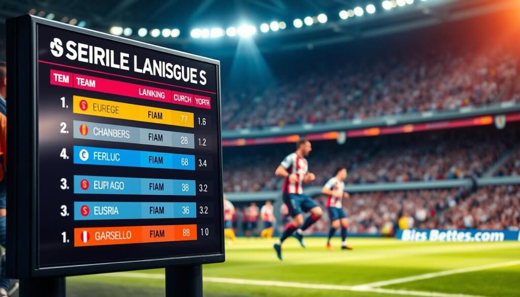 A detailed and vibrant depiction of the Serie A Super League standings, set in a visually engaging style. In the foreground, showcase a sleek and modern scoreboard displaying the current rankings, with clearly defined sections for points and team names in dynamic colors. The middle layer should include a softly blurred image of a football field in action, evoking a recent match, with players in professional football attire engaged in gameplay, capturing the intensity of competition. In the background, suggest a packed stadium with fans, their expressions a mix of joy and disappointment, reflecting the impact of recent game outcomes. Use bright lighting to emphasize the atmosphere of excitement, with a slight vignette effect to draw focus towards the scoreboard. The overall mood should convey anticipation and the significance of the Serie A rankings following a surprising defeat.
