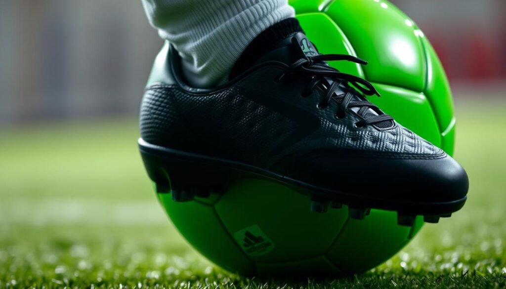 A detailed close-up of a soccer player's foot making contact with the ball, capturing the precise moment of impact. The player is wearing black cleats and the ball is a vibrant green, creating a striking visual contrast. The lighting is soft and diffused, highlighting the textures and contours of the player's foot and the ball's surface. The background is slightly blurred, drawing the viewer's focus solely to the point of contact, emphasizing the importance and technicality of the move. The composition is centered and balanced, conveying a sense of precision and control. The overall mood is one of intense focus and the decisive nature of the moment.