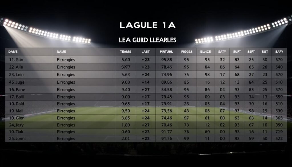 A detailed, well-balanced football league table against a dimly-lit stadium backdrop. Prominent team names and positions in the standings shown in a clear, organized layout. Subtle stadium lighting casts dramatic shadows, creating a sense of competitive tension. The table's design conveys a professional, data-driven vibe, reflecting the analytical nature of the article's subject matter. The overall mood is one of high stakes and impactful consequences for the teams' standing and upcoming fixtures.