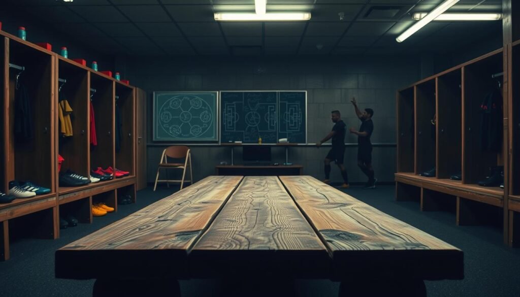 A dimly lit locker room, the air thick with anticipation. In the foreground, a sturdy wooden bench stands as the centerpiece, its weathered surface a testament to years of use. Surrounding it, an array of soccer cleats, shin guards, and water bottles suggest a team poised for action. The middle ground reveals a tactician's workspace, complete with a chalkboard covered in intricate diagrams and scribbled plays. Bright fluorescent lights cast a clinical glow, illuminating the intensity of the moment. In the background, the silhouettes of players stretch and warm up, their movements casting dynamic shadows on the walls. The overall atmosphere is one of focus, determination, and the anticipation of a pivotal match, where the "bench power" will play a crucial role in the team's quest for victory. A dimly lit locker room, the air thick with anticipation. In the foreground, a sturdy wooden bench stands as the centerpiece, its weathered surface a testament to years of use. Surrounding it, an array of soccer cleats, shin guards, and water bottles suggest a team poised for action. The middle ground reveals a tactician's workspace, complete with a chalkboard covered in intricate diagrams and scribbled plays. Bright fluorescent lights cast a clinical glow, illuminating the intensity of the moment. In the background, the silhouettes of players stretch and warm up, their movements casting dynamic shadows on the walls. The overall atmosphere is one of focus, determination, and the anticipation of a pivotal match, where the "bench power" will play a crucial role in the team's quest for victory.