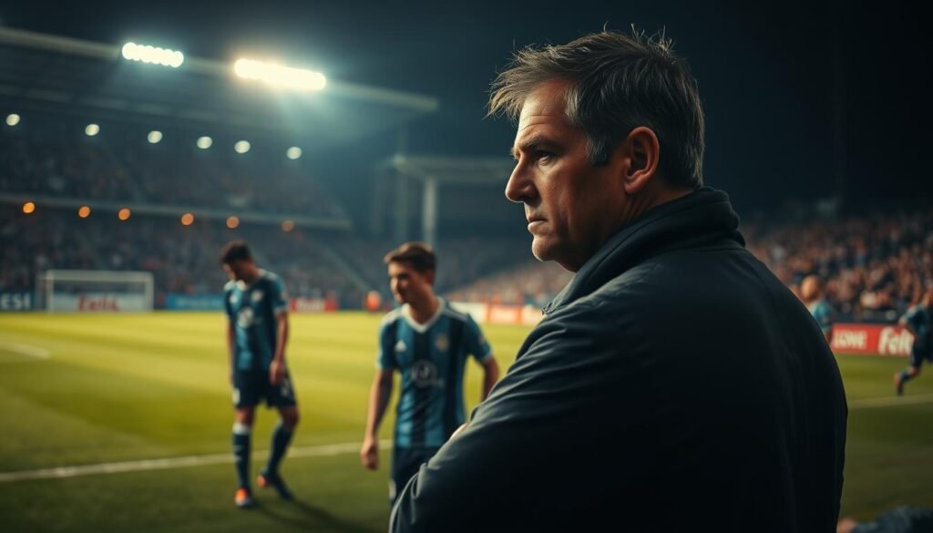 A dimly lit soccer pitch at night, the stadium lights casting a warm glow across the field. In the foreground, a soccer coach stands on the sideline, brow furrowed in concentration as he intently watches the players. In the middle ground, a player is being substituted, his dejected expression suggesting a need for a tactical change. The background is filled with a crowd of spectators, their faces obscured by shadows, creating a sense of anticipation and tension. The overall scene conveys the urgency and intensity of a crucial moment in the game, as the coach makes a pivotal decision to adjust the team's strategy. A dimly lit soccer pitch at night, the stadium lights casting a warm glow across the field. In the foreground, a soccer coach stands on the sideline, brow furrowed in concentration as he intently watches the players. In the middle ground, a player is being substituted, his dejected expression suggesting a need for a tactical change. The background is filled with a crowd of spectators, their faces obscured by shadows, creating a sense of anticipation and tension. The overall scene conveys the urgency and intensity of a crucial moment in the game, as the coach makes a pivotal decision to adjust the team's strategy.