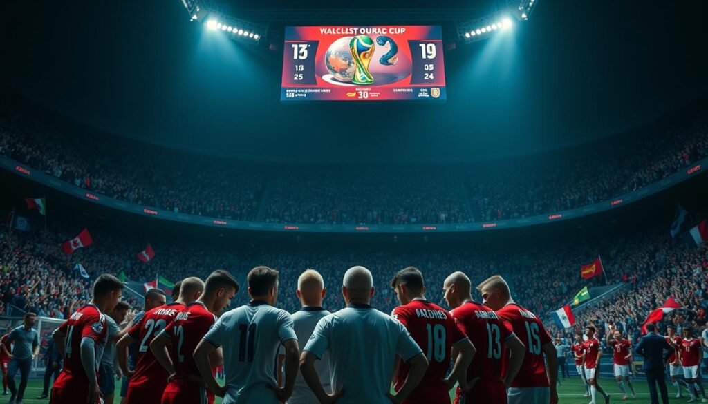 A dramatic, cinematic scene of the 2026 World Cup qualification process. In the foreground, national team players from different countries huddle intensely, strategizing with their coaches. Mid-ground, a dimly lit stadium filled with roaring fans, their flags and banners waving with anticipation. In the background, a massive scoreboard displays live match updates, the stakes high as teams fight for a spot in the prestigious tournament. The lighting is dramatic, with deep shadows and highlights that accentuate the tension and gravity of the moment. The camera angle is low, lending an epic, larger-than-life quality to the scene. An atmosphere of high-stakes competition and national pride permeates the image, capturing the essence of the World Cup qualification journey.