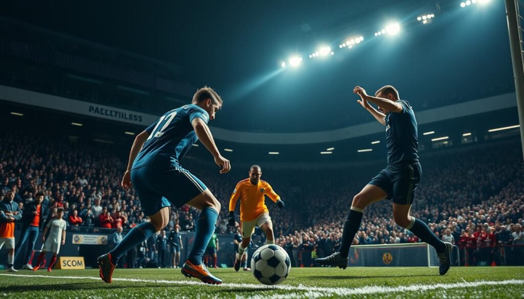 A dramatic football scene unfolds on a well-lit pitch, capturing the intensity of a set-piece penalty. The players are positioned with precision, their expressions reflecting the high stakes as they prepare to strike the ball. The goalkeeper stands poised, eyes locked on the ball, ready to react. Swirling around them, the crowd is a blur of energy, creating an electric atmosphere. The lighting casts dramatic shadows, adding depth and tension to the frame. The camera angle is low, putting the viewer in the thick of the action, heightening the sense of anticipation. The overall composition conveys the pivotal moment of a match-turning set-piece penalty. A dramatic football scene unfolds on a well-lit pitch, capturing the intensity of a set-piece penalty. The players are positioned with precision, their expressions reflecting the high stakes as they prepare to strike the ball. The goalkeeper stands poised, eyes locked on the ball, ready to react. Swirling around them, the crowd is a blur of energy, creating an electric atmosphere. The lighting casts dramatic shadows, adding depth and tension to the frame. The camera angle is low, putting the viewer in the thick of the action, heightening the sense of anticipation. The overall composition conveys the pivotal moment of a match-turning set-piece penalty.