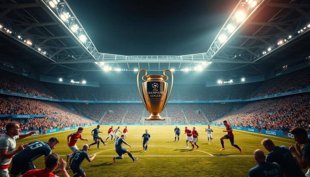 A dramatic, high-stakes soccer match at a renowned stadium, with the Champions League trophy as the centerpiece. The pitch is illuminated by bright stadium lights, casting dynamic shadows across the players and the stadium's grandstands. In the foreground, two teams of skilled, determined athletes compete, their facial expressions intense as they battle for possession of the ball. The middle ground showcases the passionate, cheering crowds, their energy and enthusiasm palpable. The background features the iconic architecture of the stadium, its towering arches and sleek, modern design adding to the sense of grandeur and importance of the occasion. The overall atmosphere is one of electric tension, as the final moments of the game unfold and the outcome hangs in the balance. A dramatic, high-stakes soccer match at a renowned stadium, with the Champions League trophy as the centerpiece. The pitch is illuminated by bright stadium lights, casting dynamic shadows across the players and the stadium's grandstands. In the foreground, two teams of skilled, determined athletes compete, their facial expressions intense as they battle for possession of the ball. The middle ground showcases the passionate, cheering crowds, their energy and enthusiasm palpable. The background features the iconic architecture of the stadium, its towering arches and sleek, modern design adding to the sense of grandeur and importance of the occasion. The overall atmosphere is one of electric tension, as the final moments of the game unfold and the outcome hangs in the balance.