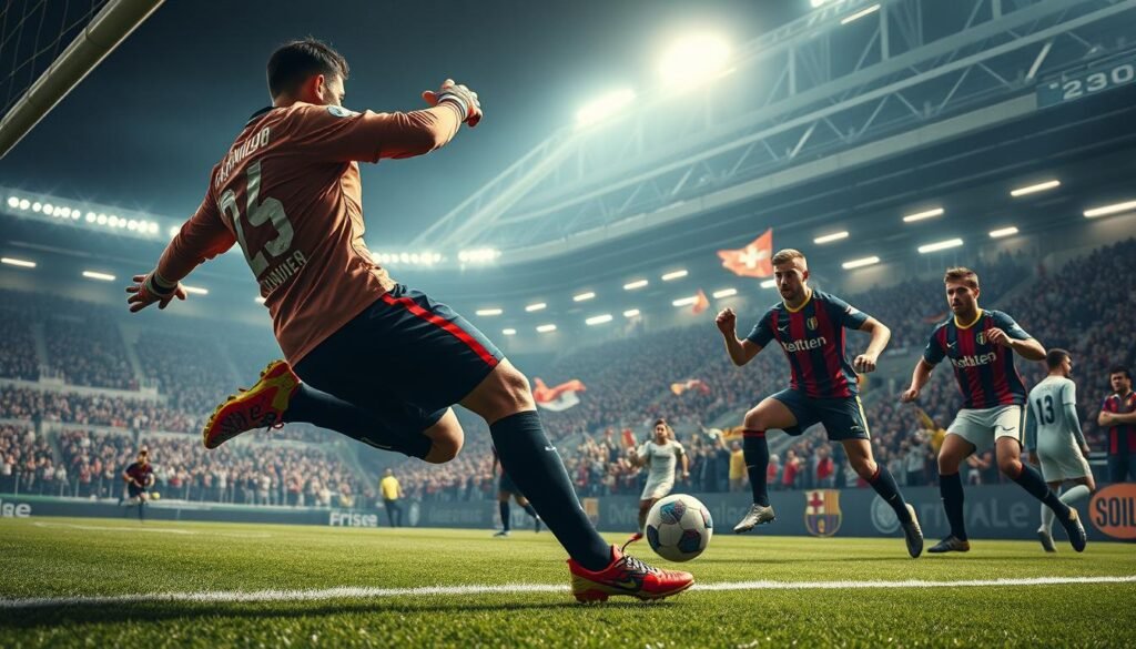 A dramatic scene capturing a pivotal moment in a Serie A football match. In the foreground, a goalkeeper leaps dramatically, his focused expression showcasing determination, adorned in a modern kit with bold colors. The middle ground reveals intense players from both teams, one mid-kick and another poised defensively, highlighting the tension of the game. The background features an electrifying stadium, packed with enthusiastic fans waving flags and banners, their faces reflecting excitement and anticipation. The lighting is vibrant, with stadium floodlights illuminating the scene, creating dynamic shadows. The atmosphere is charged with excitement, embodying the thrill of a live football match. The angle is slightly low, emphasizing the height of the players and the intensity of the action, enveloping the viewer in the experience of this thrilling encounter.