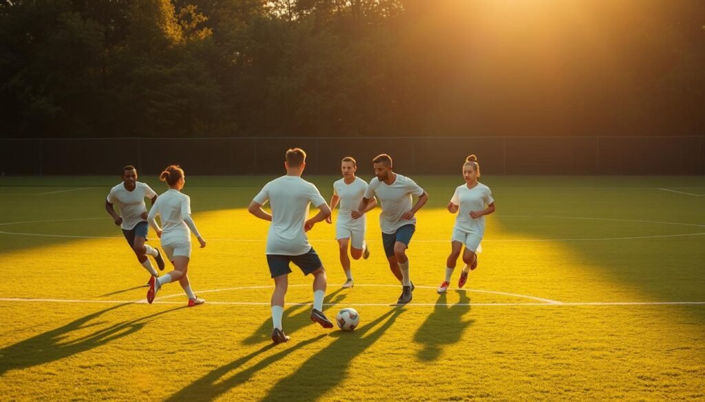 A dynamic and fluid soccer formation on a lush, verdant pitch, illuminated by the warm glow of the sun. The players, their faces obscured, seamlessly flow between roles, creating a cohesive and adaptable unit. The midfield trio orchestrates the play, their movements precise and coordinated, while the forward line attacks with ferocity, their runs carving open the opposing defense. The backline, anchored by a towering central defender, maintains a solid foundation, their positioning and communication exemplary. The scene captures the essence of a modern, flexible tactical approach, where the traditional boundaries between positions blur, and the team operates as a well-oiled machine, ready to confront any challenge on the field. A dynamic and fluid soccer formation on a lush, verdant pitch, illuminated by the warm glow of the sun. The players, their faces obscured, seamlessly flow between roles, creating a cohesive and adaptable unit. The midfield trio orchestrates the play, their movements precise and coordinated, while the forward line attacks with ferocity, their runs carving open the opposing defense. The backline, anchored by a towering central defender, maintains a solid foundation, their positioning and communication exemplary. The scene captures the essence of a modern, flexible tactical approach, where the traditional boundaries between positions blur, and the team operates as a well-oiled machine, ready to confront any challenge on the field.