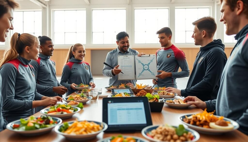 A dynamic scene capturing a pre-match nutrition strategy for young football players at Southampton's academy. In the foreground, a diverse group of six athletes, dressed in modern, modest sports attire, is gathered around a neatly arranged table filled with healthy meal options. Plates contain colorful salads, lean proteins, and whole grains, emphasizing a balanced diet. In the middle ground, a nutritionist, wearing professional attire, shares insights with the players, gesturing towards a chart of nutrition guidelines on a digital tablet. The background features a bright training facility with large windows illuminating the space, creating a motivational atmosphere. Soft, natural lighting enhances the focus on the food and discussions, conveying a mood of preparation and teamwork. The angle captures the enthusiasm of the players and the importance of healthy eating in their training regimen.