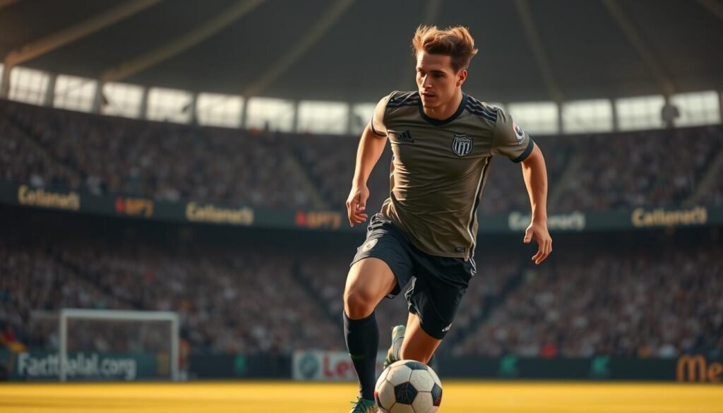 A dynamic wingback in a well-designed, modern football formation, showcasing their key role in maximizing the right side of the pitch. The player is captured in a mid-action pose, sprinting down the flank with the ball, their muscles taut and their expression focused. The lighting is warm and natural, illuminating the player's kit and the surrounding stadium environment. The camera angle is slightly low, emphasizing the player's power and athleticism. The background is blurred, keeping the attention on the wingback's crucial contribution to the team's attacking strategy. A dynamic wingback in a well-designed, modern football formation, showcasing their key role in maximizing the right side of the pitch. The player is captured in a mid-action pose, sprinting down the flank with the ball, their muscles taut and their expression focused. The lighting is warm and natural, illuminating the player's kit and the surrounding stadium environment. The camera angle is slightly low, emphasizing the player's power and athleticism. The background is blurred, keeping the attention on the wingback's crucial contribution to the team's attacking strategy.