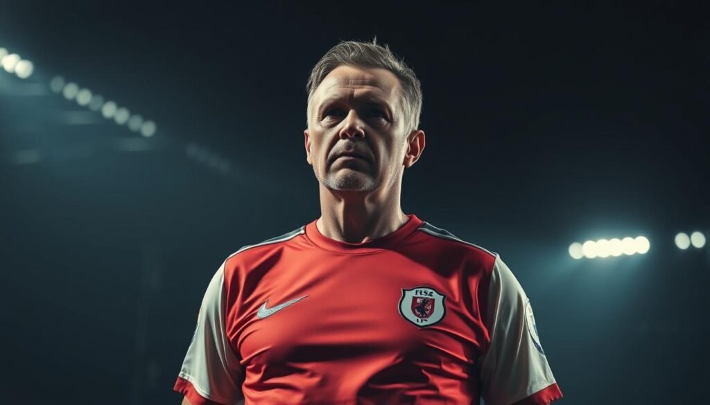 A focused, middle-aged soccer player standing confidently on a dimly lit pitch, his powerful physique and determined expression conveying a sense of momentum and control. The player's jersey features a bold, iconic design, hinting at his reputation and status as a key player. The background is partially obscured, drawing the viewer's attention to the player's authoritative presence. Dramatic, low-angle lighting casts dramatic shadows, emphasizing the player's commanding stature and the weight of the moment. The overall scene evokes a sense of the player's ability to shape the flow of the game through his sheer force of will and experience. A focused, middle-aged soccer player standing confidently on a dimly lit pitch, his powerful physique and determined expression conveying a sense of momentum and control. The player's jersey features a bold, iconic design, hinting at his reputation and status as a key player. The background is partially obscured, drawing the viewer's attention to the player's authoritative presence. Dramatic, low-angle lighting casts dramatic shadows, emphasizing the player's commanding stature and the weight of the moment. The overall scene evokes a sense of the player's ability to shape the flow of the game through his sheer force of will and experience.