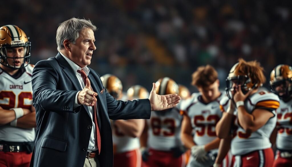 A heated sideline confrontation between an intense, stern-faced football coach and a group of dejected, exhausted players. The coach, clad in a sharp suit, gestures emphatically with arms outstretched, his expression a mix of frustration and determination. The players, dressed in their team uniforms, shoulders slumped, faces etched with disappointment. The scene is set against a blurred, moody backdrop, capturing the tension and high stakes of the match. Dramatic lighting casts dramatic shadows, emphasizing the emotional intensity of the moment. A candid, cinéma vérité-style image that conveys the raw, high-pressure dynamics of a crucial late-game situation.