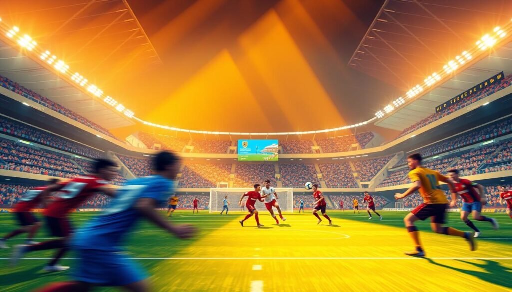 A high-resolution digital illustration showcasing the format of the Liga 2 football league in the 2025-2026 season. The image depicts a vibrant, modern sports stadium with a triple round-robin tournament format and two regional divisions, reflecting the league's evolution. The scene is bathed in warm, golden lighting, capturing the excitement and intensity of the matches. In the foreground, players engage in an ultra-aggressive, high-tempo game, their movements blurred to convey the fast-paced action. In the background, the stadium's sleek, angular architecture and the presence of the Video Assistant Referee (VAR) system emphasize the league's technological advancements and commitment to fairness. A high-resolution digital illustration showcasing the format of the Liga 2 football league in the 2025-2026 season. The image depicts a vibrant, modern sports stadium with a triple round-robin tournament format and two regional divisions, reflecting the league's evolution. The scene is bathed in warm, golden lighting, capturing the excitement and intensity of the matches. In the foreground, players engage in an ultra-aggressive, high-tempo game, their movements blurred to convey the fast-paced action. In the background, the stadium's sleek, angular architecture and the presence of the Video Assistant Referee (VAR) system emphasize the league's technological advancements and commitment to fairness.