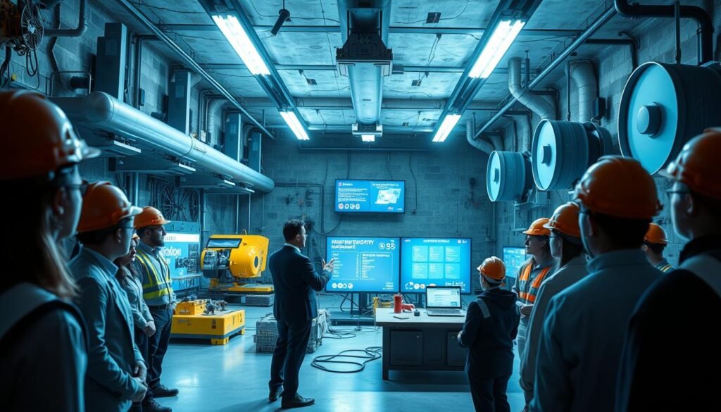 A modern underground training facility designed for mining, featuring advanced equipment, training simulators, and safety gear. In the foreground, a diverse group of professional trainers dressed in business attire instructs attentive trainees engaged in hands-on practice. The middle section showcases a spacious training area with various machinery and mining tools illuminated by bright, energy-efficient overhead lighting. Large digital screens display vital information and safety protocols. In the background, reinforced concrete walls create a sturdy, industrial atmosphere, while large ventilation fans provide airflow. The scene conveys a sense of professionalism and dedication, emphasizing teamwork and safety in an innovative environment, with a cool color palette enhancing the focus on a high-tech mining training experience.