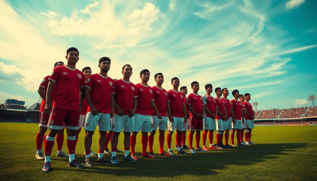 A panoramic view of the Indonesian national football team, the Timnas Indonesia, standing tall on a field surrounded by lush greenery and a vibrant, cloudless sky. The players, adorned in their iconic red and white jerseys, are poised with a mix of determination and focus, their expressions conveying the weight of their nation's expectations. The lighting is warm and evenly distributed, creating a sense of energy and anticipation. The camera angle is slightly elevated, capturing the team's unity and camaraderie as they prepare to take on their Southeast Asian rivals. In the background, the silhouettes of the surrounding stadiums and spectators add to the sense of scale and the gravity of the moment, setting the stage for a pivotal encounter in the region's footballing landscape.