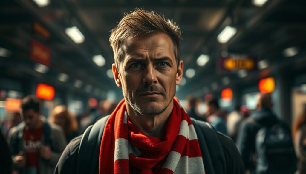 A passionate football fan, dressed in the team's colors, stands in the middle of a bustling bus terminal. The lighting is dramatic, casting shadows and highlights that accentuate the determination on the supporter's face. The background is a blur of activity, with the faint outlines of other travelers hurrying to their destinations. The fan's expression conveys a sense of unwavering commitment, their eyes fixed on the goal of reaching the stadium, no matter the distance or obstacles. The overall scene evokes a feeling of intense dedication and the relentless pursuit of one's passion. A passionate football fan, dressed in the team's colors, stands in the middle of a bustling bus terminal. The lighting is dramatic, casting shadows and highlights that accentuate the determination on the supporter's face. The background is a blur of activity, with the faint outlines of other travelers hurrying to their destinations. The fan's expression conveys a sense of unwavering commitment, their eyes fixed on the goal of reaching the stadium, no matter the distance or obstacles. The overall scene evokes a feeling of intense dedication and the relentless pursuit of one's passion.