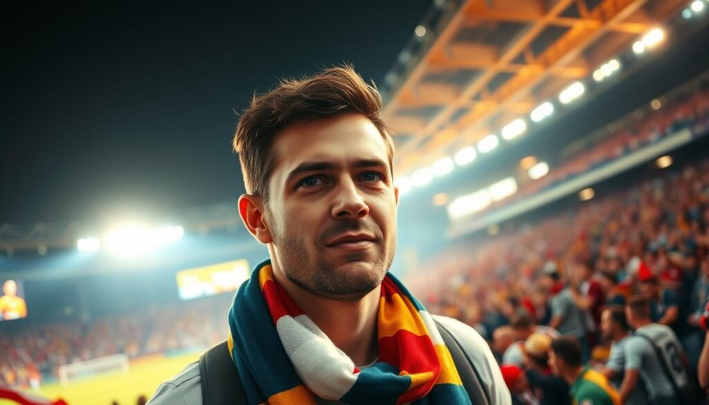 A passionate soccer fan stands in the middle of a bustling stadium, their eyes filled with an intense fervor. Vibrant stadium lights cast a warm glow, highlighting the fan's unwavering dedication. In the foreground, a sea of colorful jerseys and scarves sway in unison, creating a mesmerizing visual tapestry. The background is a blur of movement, capturing the energy and excitement of the match. The fan's expression conveys a sense of unwavering loyalty, their allegiance to the team a fundamental part of their identity. The image evokes the powerful emotions and tribal nature of soccer fandom, where support becomes a deeply personal and unifying force. A passionate soccer fan stands in the middle of a bustling stadium, their eyes filled with an intense fervor. Vibrant stadium lights cast a warm glow, highlighting the fan's unwavering dedication. In the foreground, a sea of colorful jerseys and scarves sway in unison, creating a mesmerizing visual tapestry. The background is a blur of movement, capturing the energy and excitement of the match. The fan's expression conveys a sense of unwavering loyalty, their allegiance to the team a fundamental part of their identity. The image evokes the powerful emotions and tribal nature of soccer fandom, where support becomes a deeply personal and unifying force.