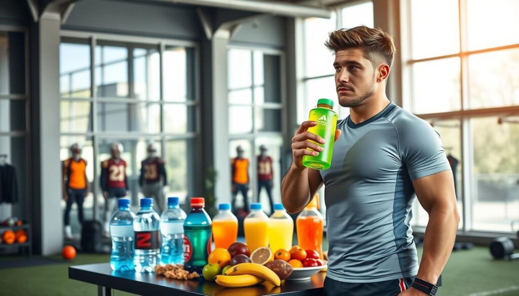 A professional male football player in a training facility, demonstrating optimal hydration strategies. In the foreground, he is holding a bright, colorful sports drink bottle, wearing a fitted sports shirt and shorts, with a focused expression on his face. In the middle, a table displays a variety of hydration options, including water bottles and electrolyte drinks, surrounded by fresh fruits and healthy snacks, all arranged invitingly. In the background, large windows let in natural light, highlighting a well-organized training space with football gear and equipment. The atmosphere is energetic and motivational, emphasizing the importance of hydration for peak performance on the field. The scene captures both the dedication to fitness and the strategic planning behind sports nutrition and hydration management.