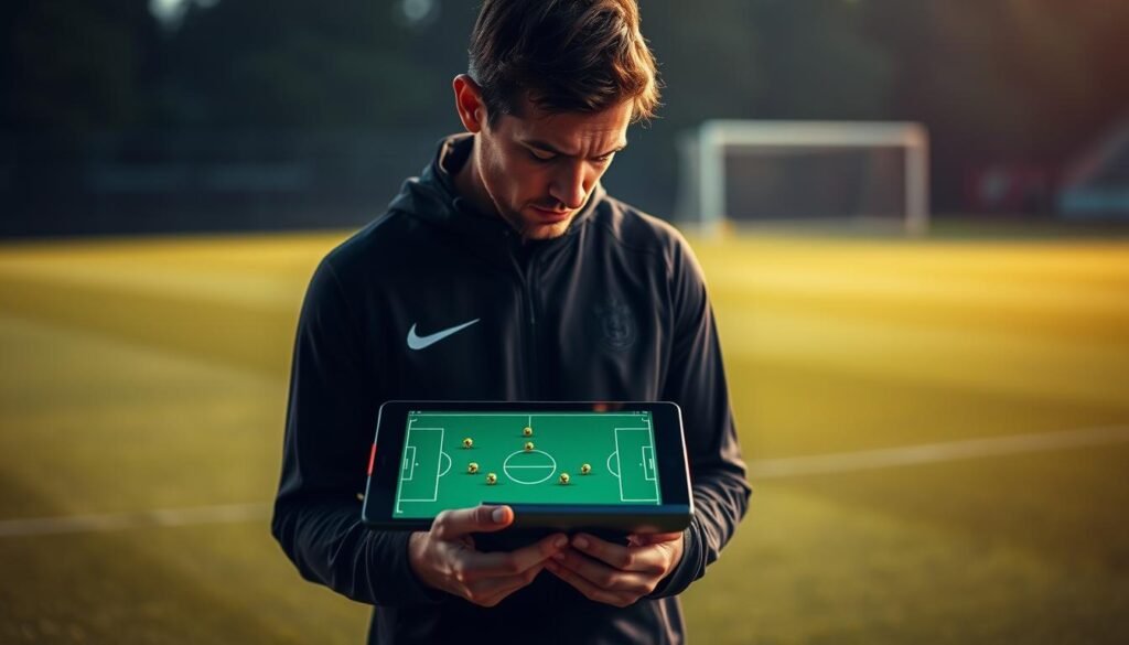 A professional soccer coach stands on a lush green pitch, intently studying a set piece formation on a digital tablet. Soft, warm lighting illuminates the scene, casting subtle shadows and highlighting the coach's focused expression. The background is blurred, drawing the viewer's attention to the coach and the tactical information on the screen. The image conveys a sense of strategic planning, attention to detail, and the importance of specialized coaching in modern soccer.