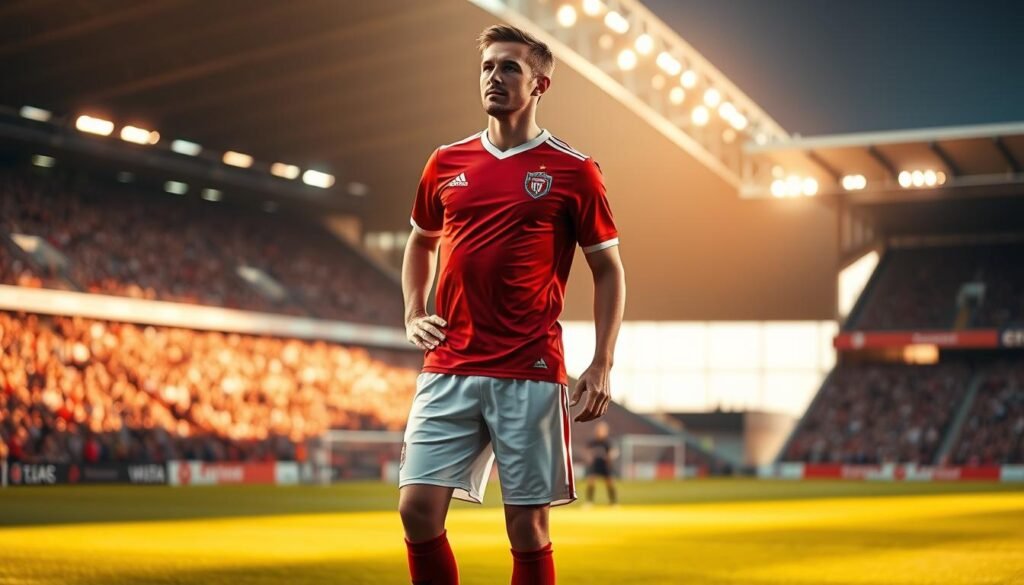 A professional soccer player, wearing a red and white uniform, stands confidently on a well-lit soccer field. His posture suggests a strong command of energy management, as he directs his team's defensive tactics with precision. The scene is bathed in a warm, golden light, creating a sense of focus and determination. In the background, the stadium's grandstands are visible, suggesting the high-stakes nature of the match. The player's movements are fluid and economical, demonstrating the practical implications of effective energy management in the context of late-game defensive play. A professional soccer player, wearing a red and white uniform, stands confidently on a well-lit soccer field. His posture suggests a strong command of energy management, as he directs his team's defensive tactics with precision. The scene is bathed in a warm, golden light, creating a sense of focus and determination. In the background, the stadium's grandstands are visible, suggesting the high-stakes nature of the match. The player's movements are fluid and economical, demonstrating the practical implications of effective energy management in the context of late-game defensive play.