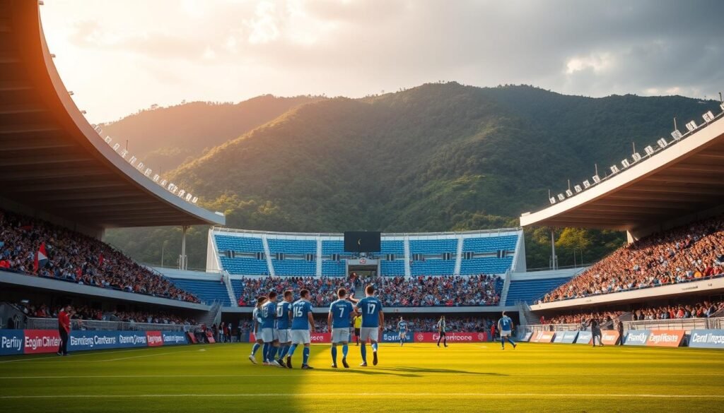 A soccer stadium in the vibrant city of Bandung, Indonesia, home to the renowned Persib Bandung football club. Capture the team's iconic blue and white uniforms as they take the field, their supporters in the stands chanting and waving flags passionately. Depict the stadium's modern architecture, with sleek lines and bold angles, set against a backdrop of lush, verdant hills. Utilize warm, golden lighting to create a sense of energy and anticipation, showcasing the team's determination and the fans' unwavering devotion. Convey the dynamic atmosphere of a crucial Liga 1 match, where every possession, shot, and save carries the weight of a season's worth of ambition. A soccer stadium in the vibrant city of Bandung, Indonesia, home to the renowned Persib Bandung football club. Capture the team's iconic blue and white uniforms as they take the field, their supporters in the stands chanting and waving flags passionately. Depict the stadium's modern architecture, with sleek lines and bold angles, set against a backdrop of lush, verdant hills. Utilize warm, golden lighting to create a sense of energy and anticipation, showcasing the team's determination and the fans' unwavering devotion. Convey the dynamic atmosphere of a crucial Liga 1 match, where every possession, shot, and save carries the weight of a season's worth of ambition.