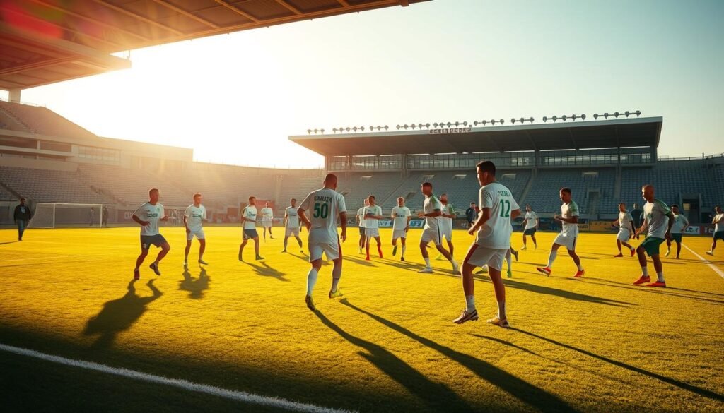 A soccer team from Saudi Arabia engages in a rigorous training session on the pristine pitch of a Czech Republic stadium. The players, clad in their national team jerseys, execute precise drills and tactical maneuvers under the watchful eye of their coaching staff. The scene is bathed in warm, golden light, casting dramatic shadows across the field. The atmosphere is one of intense focus and determination as the team prepares for an upcoming international match, showcasing their dedication to the sport and their national pride. The image captures the transformative nature of training and the centralized preparation of a national team, a crucial aspect of their journey to success.