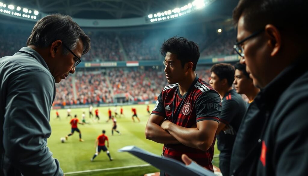 A tactical analysis of Indonesia's national team, showcased in a dynamic scene. The foreground depicts coaches intently studying formations and strategies, their expressions intense as they plot their next moves. The middle ground features players engaged in a heated match, their bodies in motion, faces determined. The background sets the stage, with a stadium filled with passionate fans, the atmosphere electric. Lighting is dramatic, capturing the tension and significance of the moment. The camera angle is slightly elevated, giving a broader perspective on the unfolding events. The overall mood is one of high-stakes competition, with the fate of the team hanging in the balance.